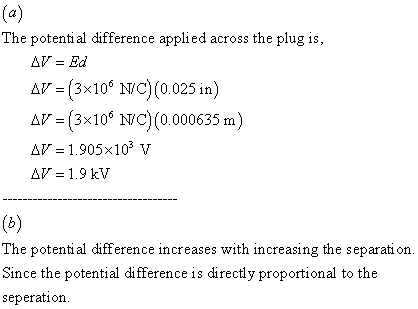 The potenti al difference applied across the plug is, ar= (3x106 NC)(0.025 in) ΔΙ. (3x106 NC) (0.000635 m) AV-1.905x103 V The