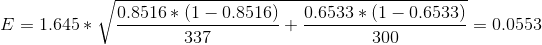 E = 1.645 * 0.8516* (1 – 0.8516) 337 0.6533 * (1 – 0.6533) = 0.0553 300