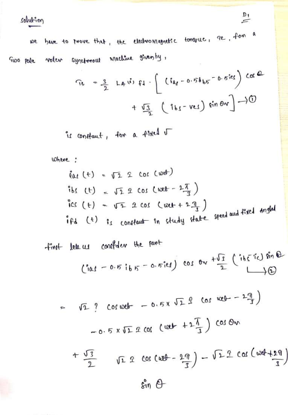 solution fom a we have ae to prove that the electromagnetic lic torque, torque, re. Too pale volen synetnroul machine given b