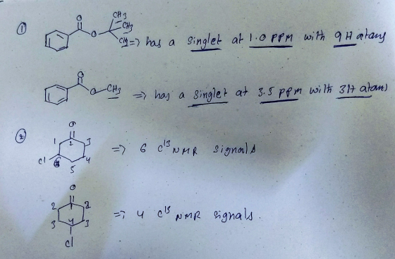 O oorlog has a singlet at 1.0 fm with qua mlang cig has a singlet at 1.0 PPM with 9 Hatans. t = has a singlet at 3.5ppm with
