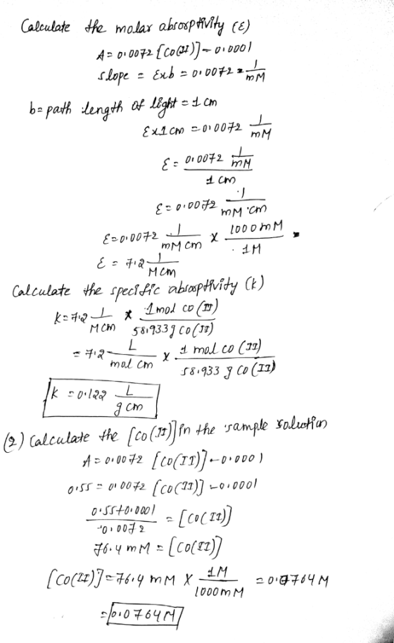 A0 co@))0ol Or 0072 ED0072 Calculate he speciic aapHity ) d mol co (11) 8.933 Co (17) さチ2--t mal Cm e) aleulale We [co(m)in t