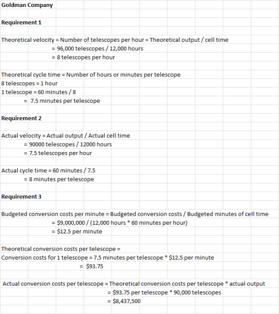 Goldman Company Requirement 1 Theoretical velocity = Number of telescopes per hour = Theoretical output/ cell time = 96,000 t