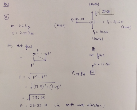 (North) 28-6N 18- 28.6N f = 43.50 me M = 22 kg (West) m F, -21.6 M (East) F = 10.8N (South) t = 2.22 sec So, Net face F - - -
