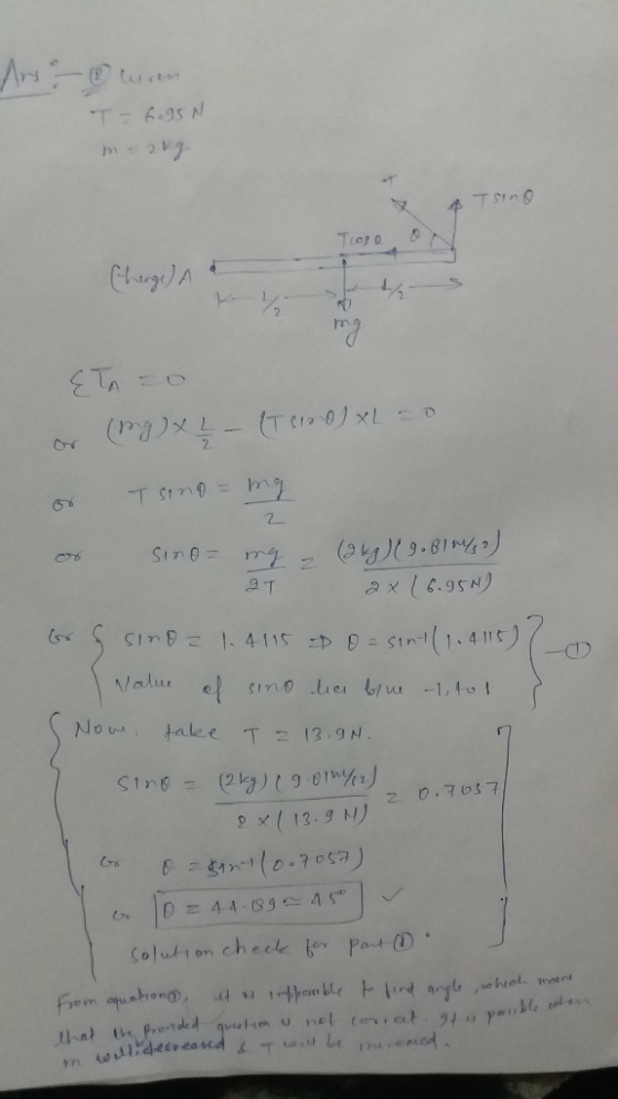 Any - wren T = 6.95N - 27 & Tsino Troso hinge) A Charge) A & v % ETA = 0 or (ngxļ - (T6680) XL - or Tsino = mg 2 or Sino ing