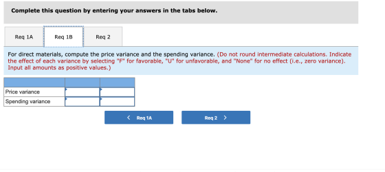 Complete this question by entering your answers in the tabs below. Req 1A Req 1B Req 2 For direct materials, compute the pric