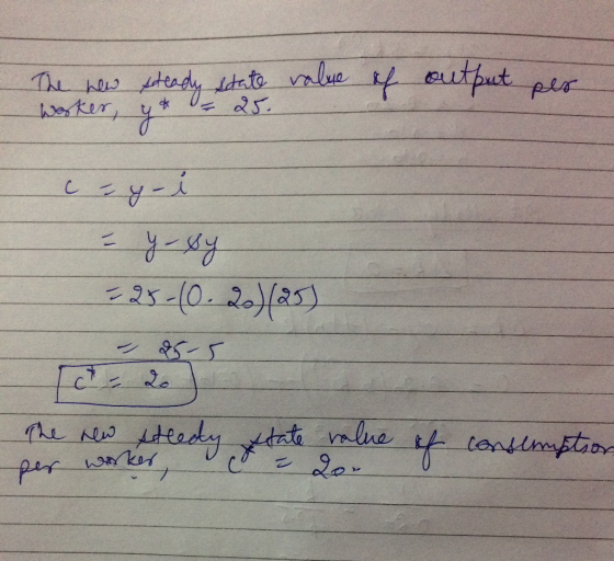 The new steady state value worker, y = 25. of output per cey-i - y-by 525-(0-20)(25) The new steedy state value of conslempts