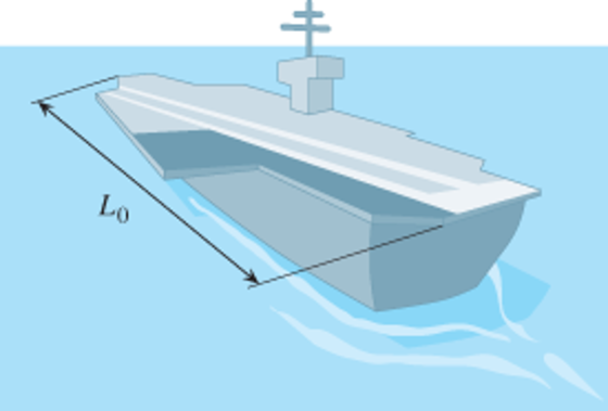 A steel aircraft carrier is 358 m long when moving
