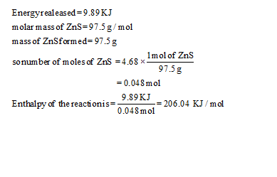 Energyrealeased 9.89 KJ molar mass of ZnS 97.5g/mol mass of ZnSformed 97.5g sonumber of moles of ZnS 4.68 x 1mol of Zns 97.5g