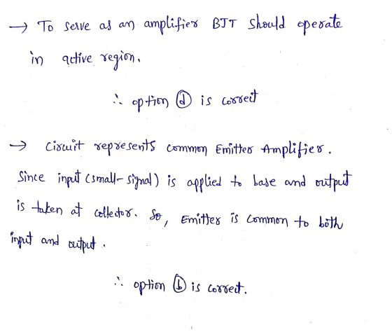 → To serve as an amplifier BTT should operate in qetíve region. i option @ is correct → Circuit represents common Emitter Amp