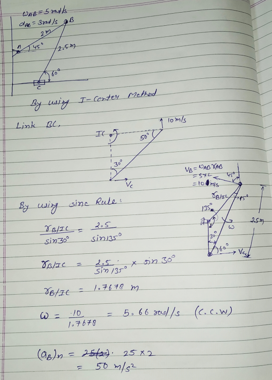 WAB=5 ralls dab= 3rad Is gb 45° /2.5m By using I- Center Method a lom/s Link ble Il VB = WABVAB ESTL- पर | atomims Bli fres