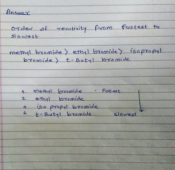 Answer of reactivity from fastest order slowest to methyl bromide) ethyl bromide) isopropyl bromide) t-Butyl bromide. Fatest