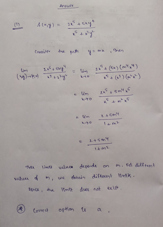 Answer (1) f(ny) = 245 + sagt * + u?y Consider the path = mu hen lim 245 + 5ng4 (ney) – (0,0) 45+1 342 = lim 22 + (54) (my 49