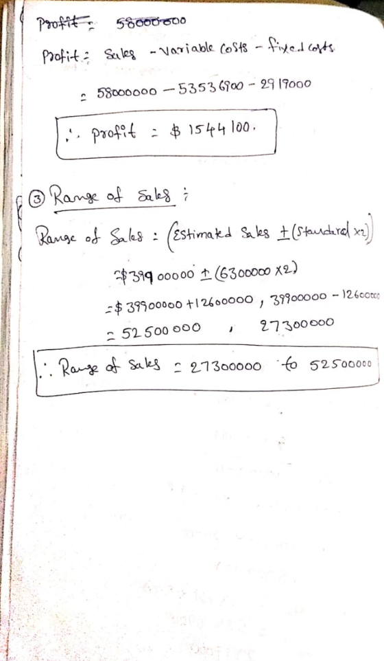 poofit 58000500 Profit: Sales - Variable costs - fixed costs - 58000000 -5353 6800 - 2919000 T: profit = $ 1544100 Te Range o