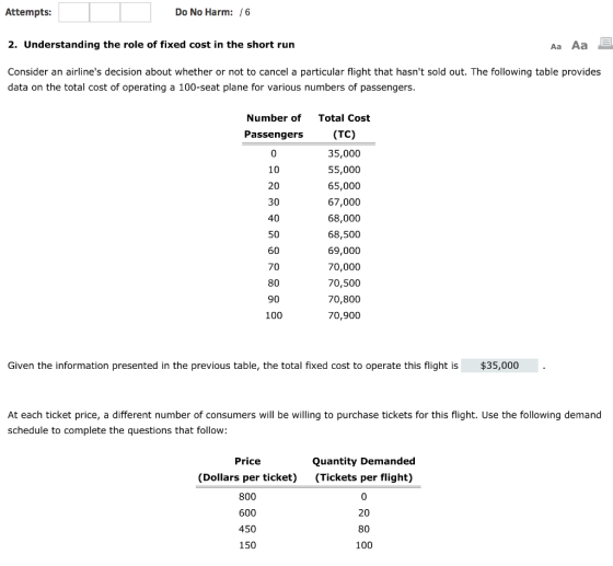 Attempts: Do No Harm: 6 2. Understanding the role of fixed cost in the short run Aa Aa Consider an airlines decision about whether or not to cancel a particular flight that hasnt sold out. The following table provides data on the total cost of operating a 100-seat plane for various numbers of passengers Number of Total Cost (TC) 35,000 55,000 65,000 67,000 68,000 68,500 69,000 70,000 70,500 70,800 70,900 Passengers 10 20 30 40 50 60 70 80 90 100 Given the information presented in the previous table, the total fixed cost to operate this flight is $35,000 At each ticket price, a different number of consumers will be willing to purchase tickets for this flight. Use the following demand schedule to complete the questions that follow: Price (Dollars per ticket) 800 600 450 150 Quantity Demanded (Tickets per flight) 0 20 80 100