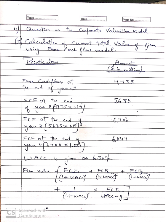 4735 Topl. Dator. m Pago Mom u) Question on the corporate Valuation Model ( Calculation of current total value of firm using