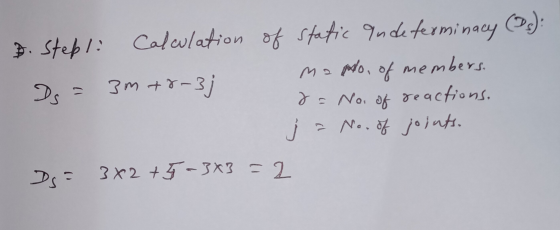 no. of Ds - 8= No. of D. Stepl: Calculation of static Indeterminacy (P.): 3m +8-3j mano, members. reactions. = No. of joints.