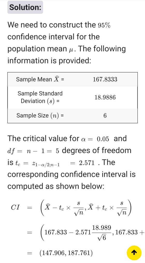 Solution: We need to construct the 95% confidence interval for the population mean u. The following information is provided: