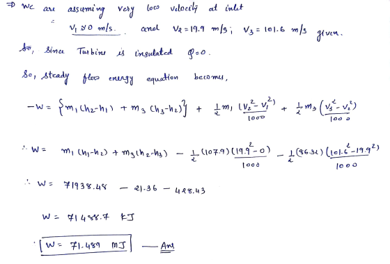 - We loco velocity at inlet assuming very Vino mls. and V2 = 19.9 mls; V3 = 101.6 m/s given. So, Since Turbine is insulated S