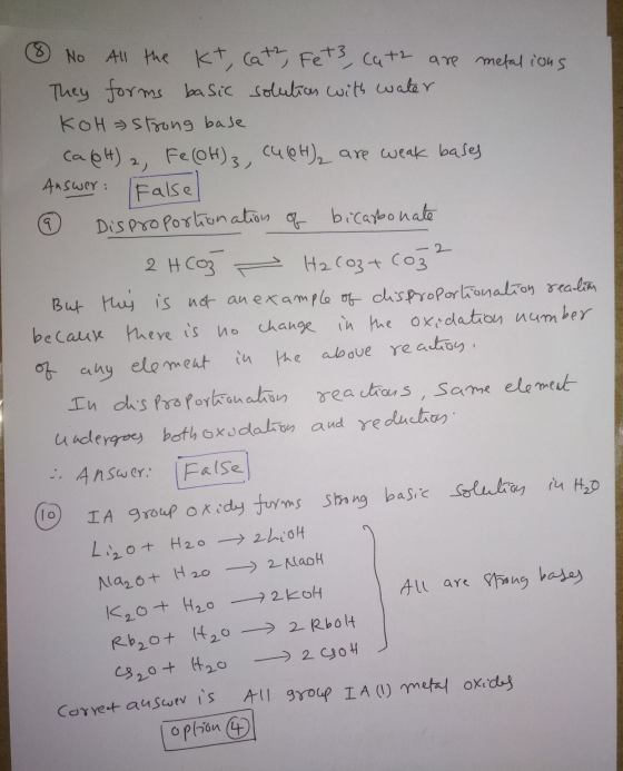 8 No All the Kt, (at2, Fet3, Cat2 are metalions They forms basic solution with water Koha strong base ca (6H)2, Fe(OH)3, (46H
