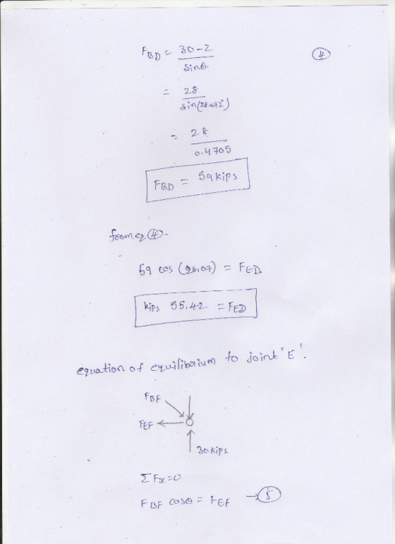 30-2 Sine 2-8 2.& o.4705 59kips FBD foeme 5 Eas C0) = FeD kips 55,42 -FED to joinE euation of euilion u FsF FEF 30kips Fx0 FB