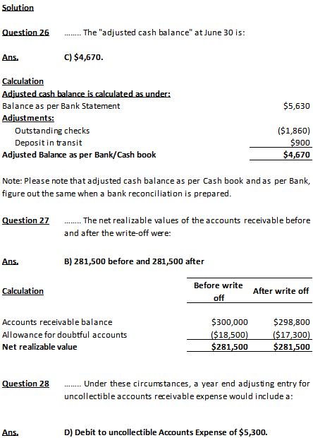 Solution The adjusted cash balance at June 30 is: C) $4,670. Ans. $5,630 Balance as per Bank Statement Adjustment Outstandi