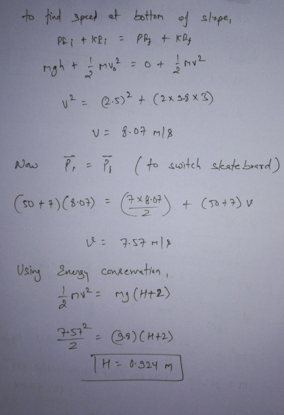 to find speed at bottom of slope, Phit kei = Pb + If ugh + 2 mug ² = 0 + 1 v2 v² = (2.5)² + (2x 3.8 X 3) u= 8.07 m/s Now PEP