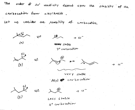 The order of Sn reactivity depend upon the stability of the carbocation from alkyl halda Let consider the stability of carbo