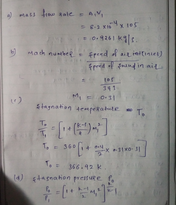 a) mass flow sate - AW, - 8.2 X10 2x10 4 X 105 F 0.9261 mach number speed of kg/s. air intrinet) speed of sound in air Vs 105
