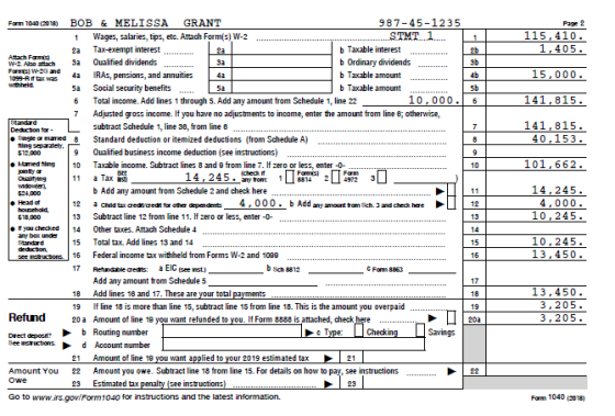 Form 1040 (2018) BOB & MELISSA GRANT 987-45-1235 Page 2 1 Wages, salaries, tips, etc. Attach Form(s) W-2 ....... STMT 1 | 1 1