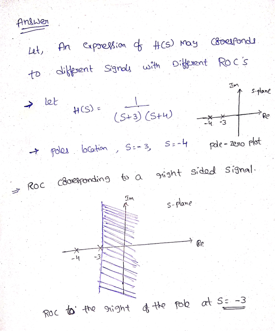 ROC to the right of the pole at S=.-3. Answer Let, An expression of H(s) may (firesponds to different signals Signals with wi
