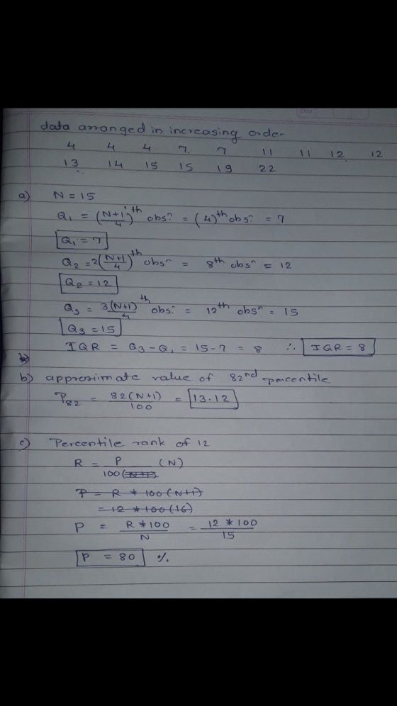 data arranged in increasing oder - 4 4 4 7. 7 13 14 15 IS 19 22 12 12 N = 15 Q = (N+1th obs? =(45th obs? = 7 [Q,=7 Q₂ = 2