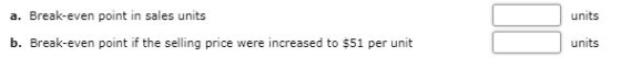 units a. Break-even point in sales units b. Break-even point if the selling price were increased to $51 per unit no price wer