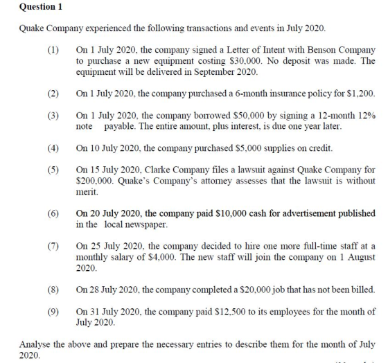 Question 1 Quake Company experienced the following transactions and events in July 2020. (1) On 1 July 2020, the company sign