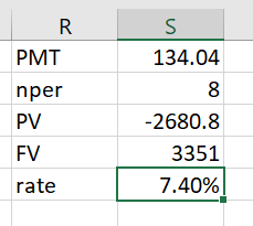 R S PMT 134.04 nper -2680.8 PV FV 3351 7.40% rate