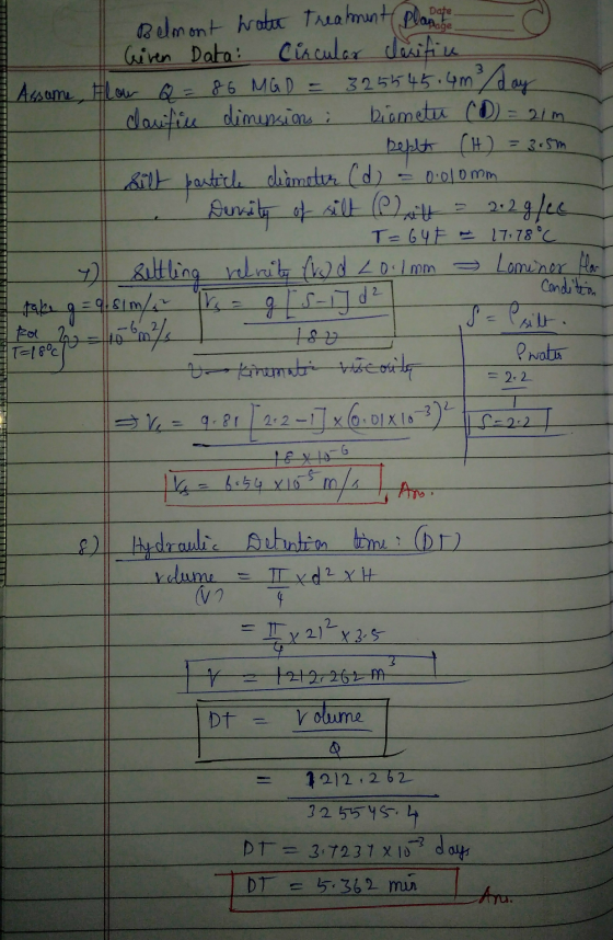 ge Belmont water treatment plapate Given Data: Circular clarifice Assume, Flow Q=86 MGD = 325545.4m 3 day caufic dimensions :