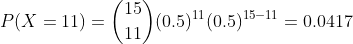 P(X = 11) = \binom{15}{11}(0.5)^{11}(0.5)^{15-11} =0.0417