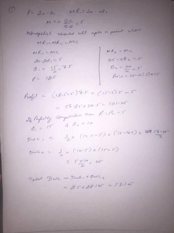 P= 200 MR=20-20, м са ос - cupto a point where Monopolist should sell MRI=MR₂ = MC MR-me 20-2el, =5 dia 15 = 7.5 pa 12,5 MR₂=
