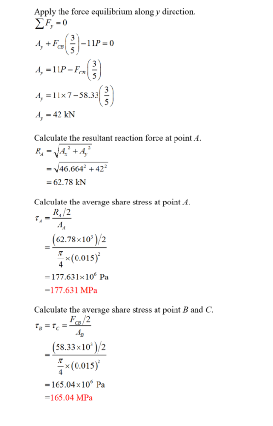Apply the force equilibrium along y direction. 11P 0 4, 11P-EB 3 A 11x7-58.33 A.-42 kN Calculate the resultant reaction force