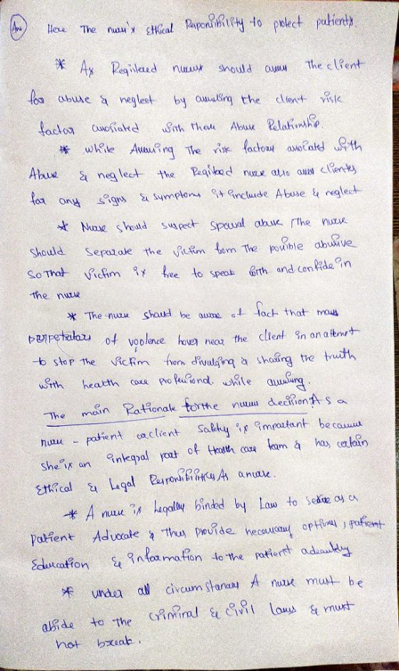patienty The nuus sthical Paipontihility to polect Here * Ax Regileaed The client should au for abuse & negleet by oiling th