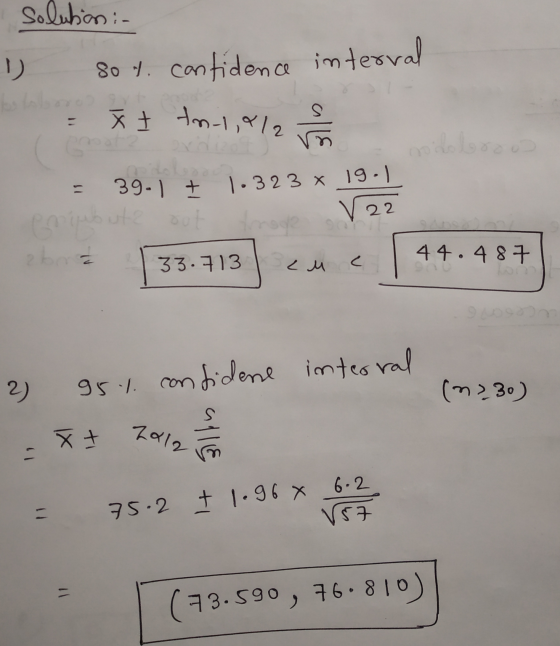 solution :- り so t. confidence interval Št tn 1,4/2 alle 39-1 + 1.323 x 19-1 Chubut V22 eba 33.713 cu 44.487 C 9 2) (30) 95%