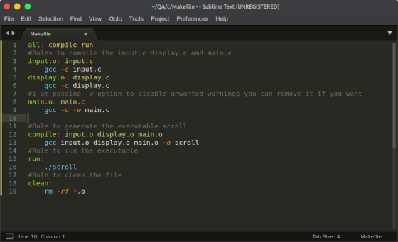 --/QA/c/Makefile. - Sublime Text (UNREGISTERED) Project Preferences Help File Edit Selection Find View Goto Tools Makefile al