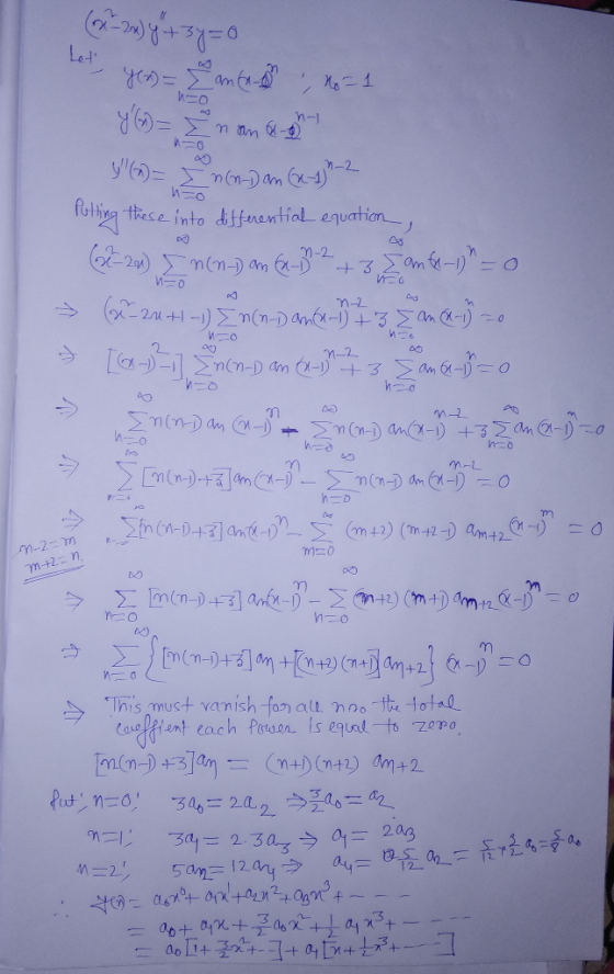 (2.20) y + 3y=0 I yen annan, No 1 y nanagh y (x) = I n(n-Dan (x-1) - 2 Pothing these into differential equation 0 и 0 , (x-2