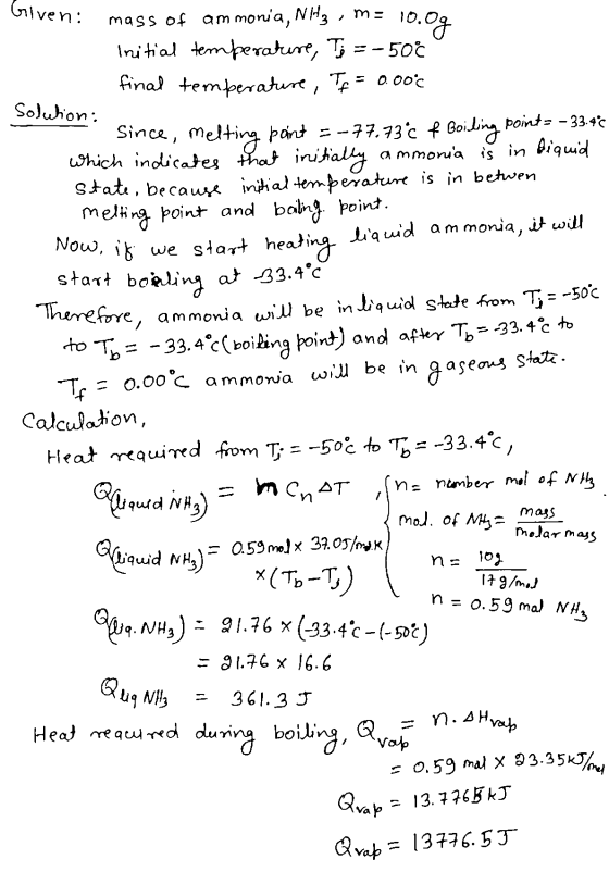Given: 10.og melting Now, it boiling point. mass of ammonia, NH3, ma Initial temperature, T = -50% final temperature, If = 0.