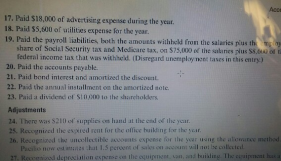 Ассе 17. Paid $18,000 of advertising expense during the year. 18. Paid $5,600 of utilities expense for the year. 19. Paid the
