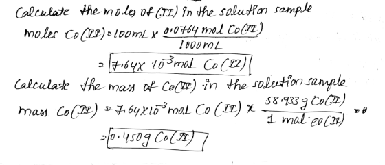 Calculate the nole) of (II) In the solwM๓ sample lo0omL 44e ran of CoCr) in the solut on rawple 58 1339 CoCa) Calcula