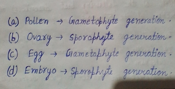 (a) Pollen → Gametophyte generation, (b) Ovary → Sporobhajte generatien - (c) Egg → Gametophyte generation d) Embryo + Sperro