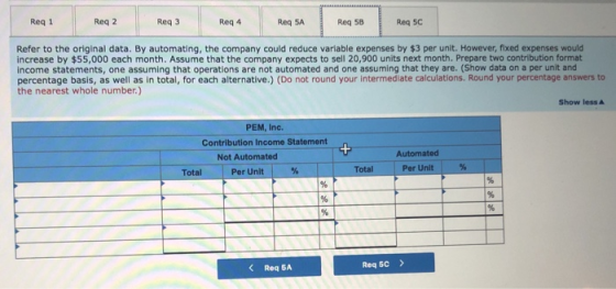 Reg 1 Req 2 Reg 3 Req 4 Req 5A Reg 58 Req 5C Refer to the original data. By automating, the company could reduce variable exp