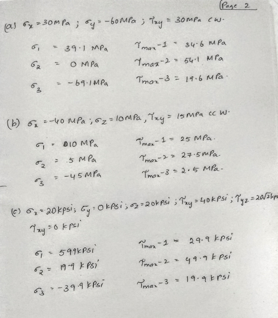(Page 2 Tay = 30mea cw. (as 6x=30mla; sy = -60MPa 6. = 39.1 MPa 62 = Ompa I man- 1 - 34.6 MPa Tmax 2 = 54.1 MPa Tmar-3 = 19.6