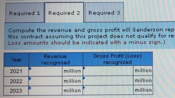 Required 1 Required 2 Required 3 Compute the revenue and gross profit will Sanderson rep this contract assuming this project