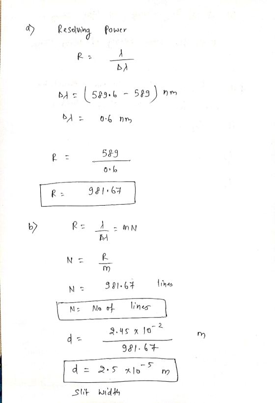 as Resolving power Ra 시 Ada (58916 589) nm D = 0.6 nm R = 589 06 Ra 981.67 b> RE l BA E MN Na 3170 N - g81.67 lines Na No of